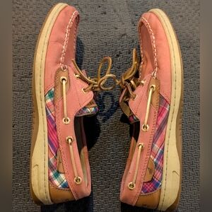 Sperry Top Sider Bluefish Pink Coral Leather Gold Ties Plaid Boatshoes Size 9
